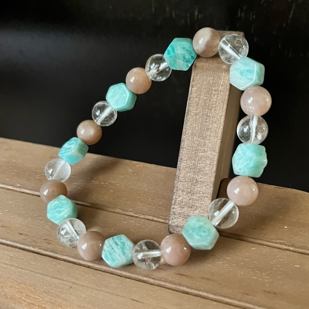Amazonite, Moonstone & Quartz Natural Stone Crystal 8mm Beaded Stretch Bracelet